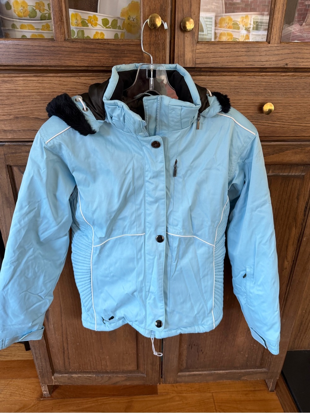 Spyder Girls Ski Snow Jacket Size 16 Blue Faux Fur Hood Insulated Winter Coat